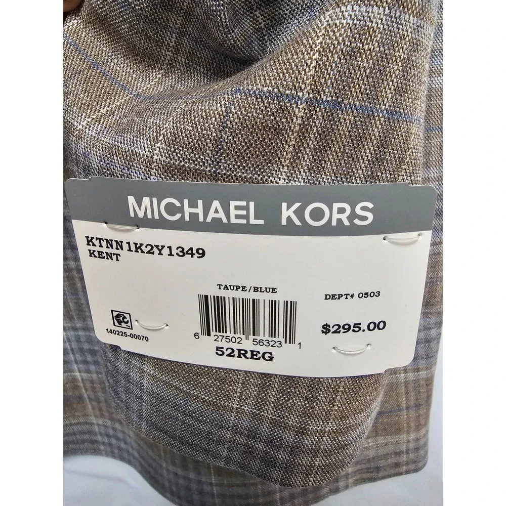 Michael Kors Kent Sport Coat Mens 52R Taupe Blue Plaid Classic Fit Blazer‎
